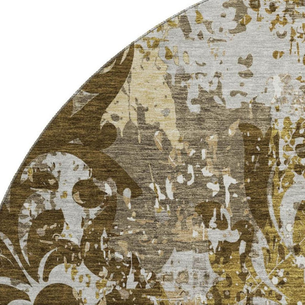 HomeRoots 8' Stylish Brown Ivory Beige Damask Round Rug with UV Protection - Washable, Durable, Easy-Care! 674356