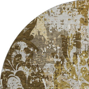 HomeRoots 8' Stylish Brown Ivory Beige Damask Round Rug with UV Protection - Washable, Durable, Easy-Care! 674356
