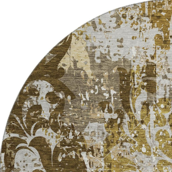 HomeRoots 8' Stylish Brown Ivory Beige Damask Round Rug with UV Protection - Washable, Durable, Easy-Care! 674356