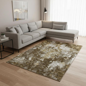 HomeRoots 8' X 10' Elegant Brown Ivory Beige Damask Washable Area Rug - Durable, UV Protected, Stylish Design 674357
