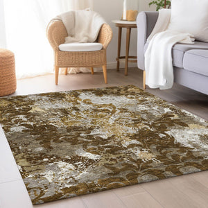 HomeRoots 8' X 10' Elegant Brown Ivory Beige Damask Washable Area Rug - Durable, UV Protected, Stylish Design 674357