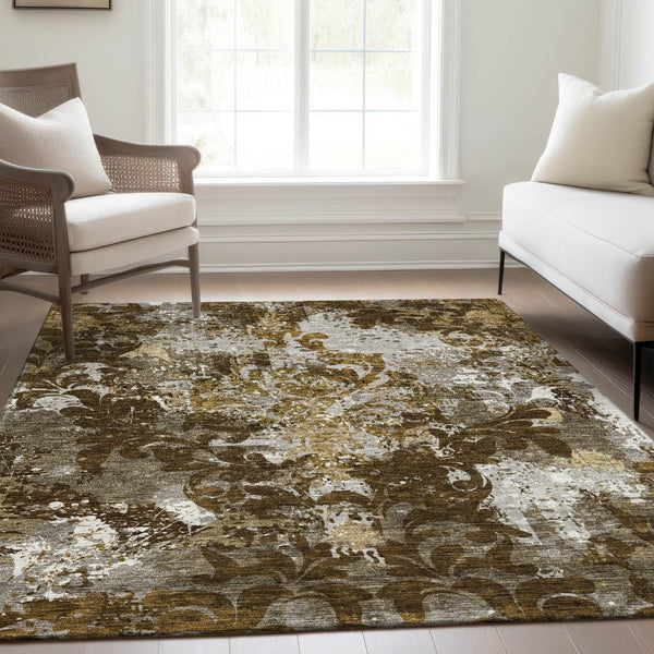 HomeRoots 8' X 10' Elegant Brown Ivory Beige Damask Washable Area Rug - Durable, UV Protected, Stylish Design 674357