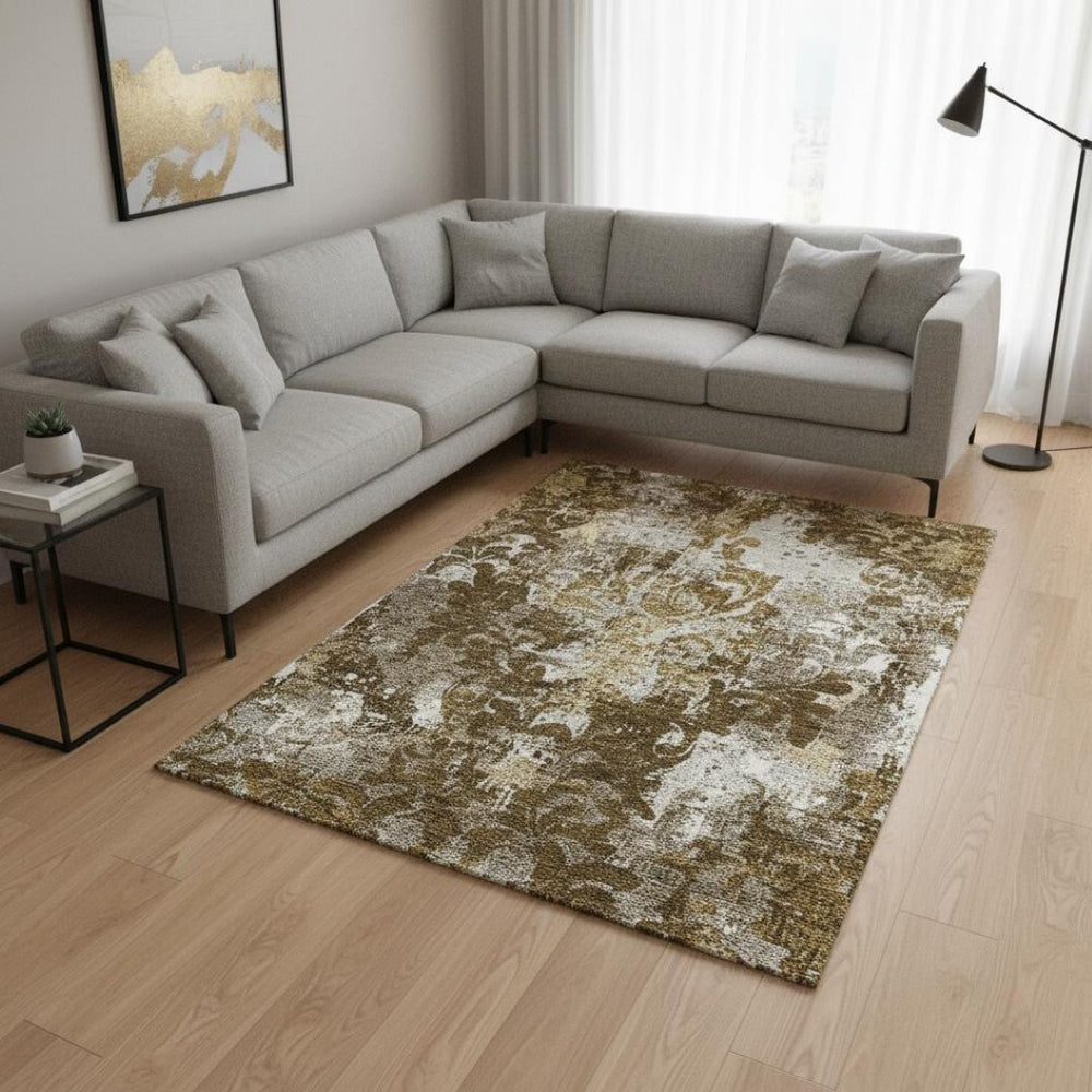 HomeRoots 10' Timeless Brown Ivory Beige Damask Area Rug - Washable, Stain Resistant, UV Protected for Homes 674359