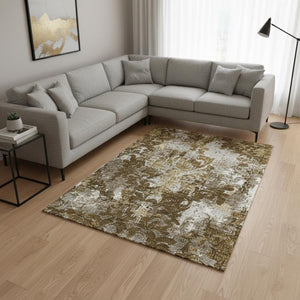 HomeRoots 10' Timeless Brown Ivory Beige Damask Area Rug - Washable, Stain Resistant, UV Protected for Homes 674359