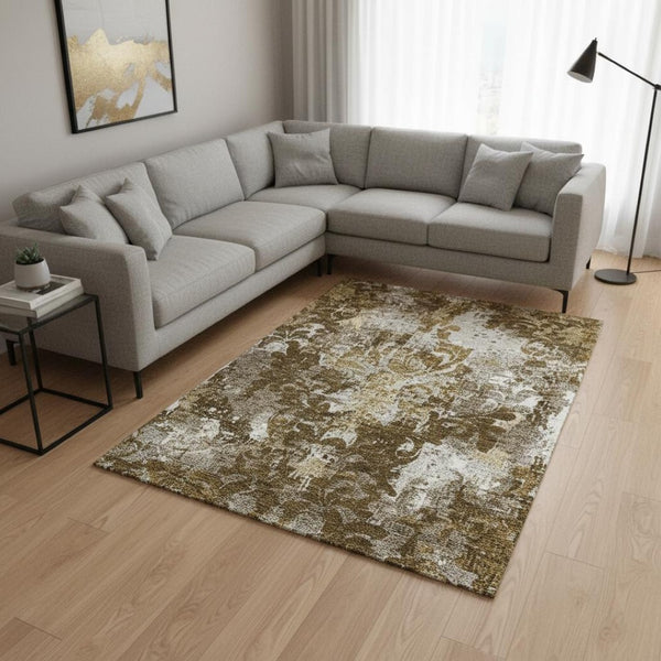 HomeRoots 10' Timeless Brown Ivory Beige Damask Area Rug - Washable, Stain Resistant, UV Protected for Homes 674359