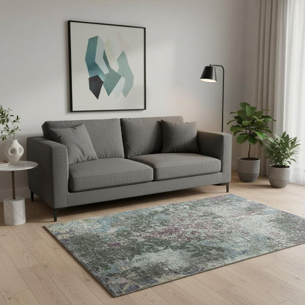 HomeRoots 5' X 8' Elegant Fern Green, Purple & Teal Damask Washable Area Rug with UV Protection & Durability 674361