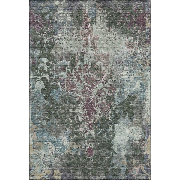 HomeRoots 5' X 8' Elegant Fern Green, Purple & Teal Damask Washable Area Rug with UV Protection & Durability 674361