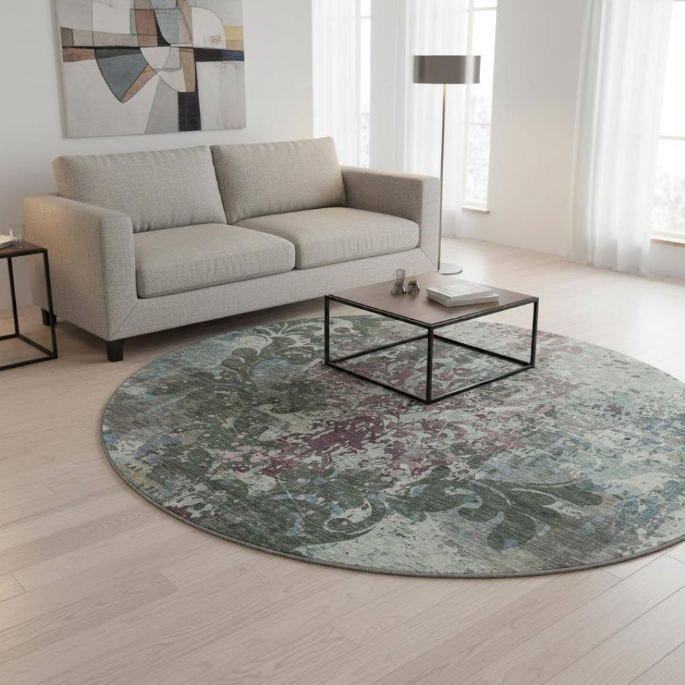 HomeRoots 8' Vibrant Fern Green, Purple & Teal Damask Washable Round Rug with UV Protection for High Traffic Areas 674362