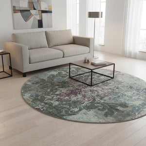 HomeRoots 8' Vibrant Fern Green, Purple & Teal Damask Washable Round Rug with UV Protection for High Traffic Areas 674362