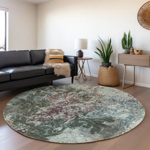 HomeRoots 8' Vibrant Fern Green, Purple & Teal Damask Washable Round Rug with UV Protection for High Traffic Areas 674362