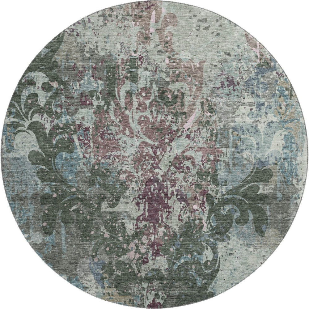 HomeRoots 8' Vibrant Fern Green, Purple & Teal Damask Washable Round Rug with UV Protection for High Traffic Areas 674362