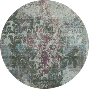HomeRoots 8' Vibrant Fern Green, Purple & Teal Damask Washable Round Rug with UV Protection for High Traffic Areas 674362