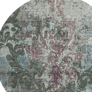 HomeRoots 8' Vibrant Fern Green, Purple & Teal Damask Washable Round Rug with UV Protection for High Traffic Areas 674362