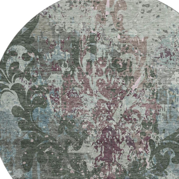 HomeRoots 8' Vibrant Fern Green, Purple & Teal Damask Washable Round Rug with UV Protection for High Traffic Areas 674362