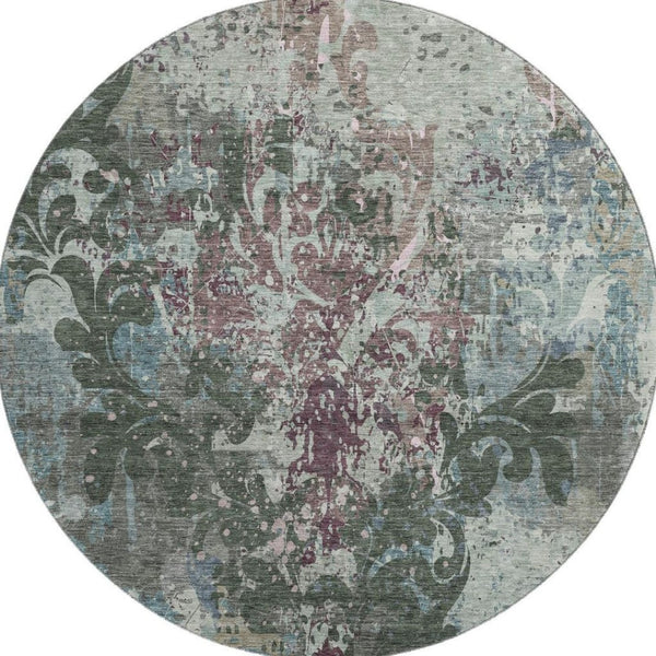 HomeRoots 8' Vibrant Fern Green, Purple & Teal Damask Washable Round Rug with UV Protection for High Traffic Areas 674362