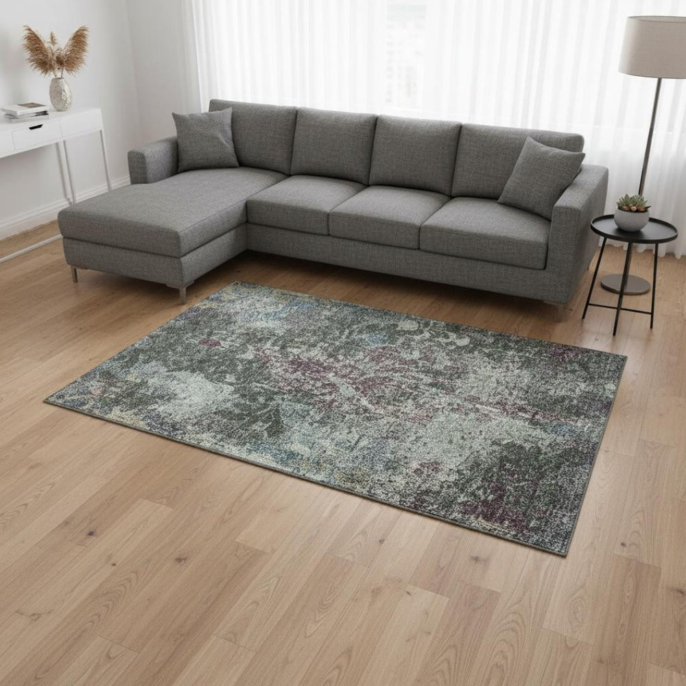 HomeRoots 8' X 10' Stylish Fern Green Purple Teal Damask Area Rug - Washable, UV Protected, Pet-Friendly Design 674363