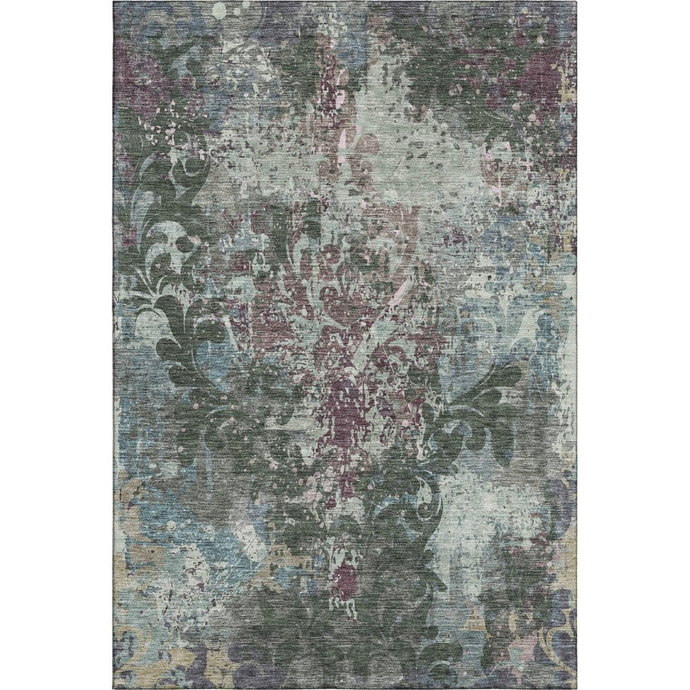 HomeRoots 8' X 10' Stylish Fern Green Purple Teal Damask Area Rug - Washable, UV Protected, Pet-Friendly Design 674363