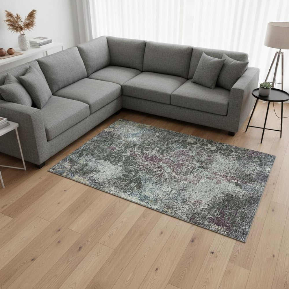HomeRoots 9' X 12' Fern Green, Purple & Teal Damask Area Rug - Washable, UV-Protected, Stylish & Durable Design 674364