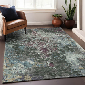 HomeRoots 9' X 12' Fern Green, Purple & Teal Damask Area Rug - Washable, UV-Protected, Stylish & Durable Design 674364