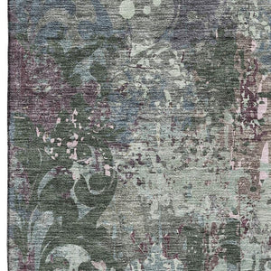 HomeRoots 9' X 12' Fern Green, Purple & Teal Damask Area Rug - Washable, UV-Protected, Stylish & Durable Design 674364