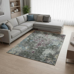 HomeRoots 10' Stylish Fern Green, Purple & Teal Damask Area Rug - Washable, UV-Protected, Durable Design! 674365
