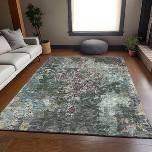 HomeRoots 10' Stylish Fern Green, Purple & Teal Damask Area Rug - Washable, UV-Protected, Durable Design! 674365
