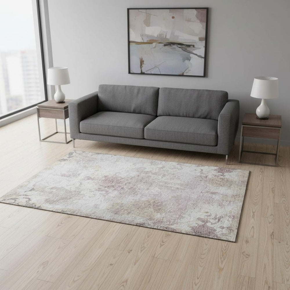 HomeRoots 5' X 8' Ivory Beige & Gray Damask Area Rug - Washable, UV-Protected, Stain-Resistant for Homes 674367
