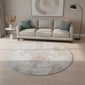 HomeRoots 8' Ivory Beige and Gray Damask Round Rug - Washable, Stain Resistant, UV Protected for Everyday Use 674368