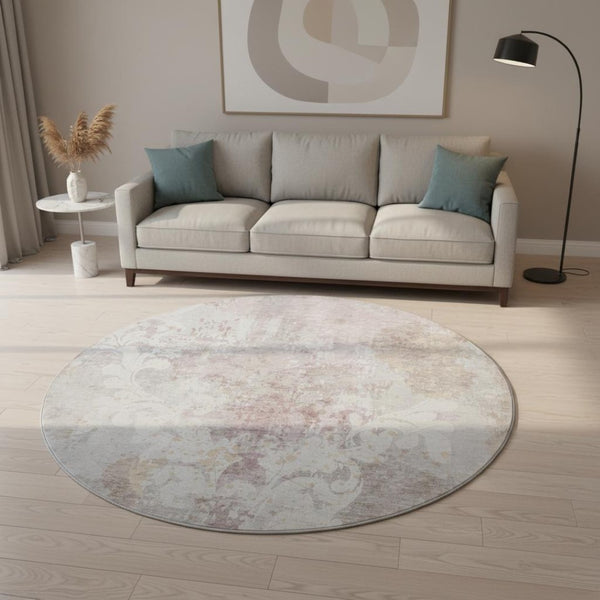 HomeRoots 8' Ivory Beige and Gray Damask Round Rug - Washable, Stain Resistant, UV Protected for Everyday Use 674368