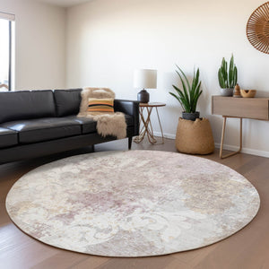 HomeRoots 8' Ivory Beige and Gray Damask Round Rug - Washable, Stain Resistant, UV Protected for Everyday Use 674368