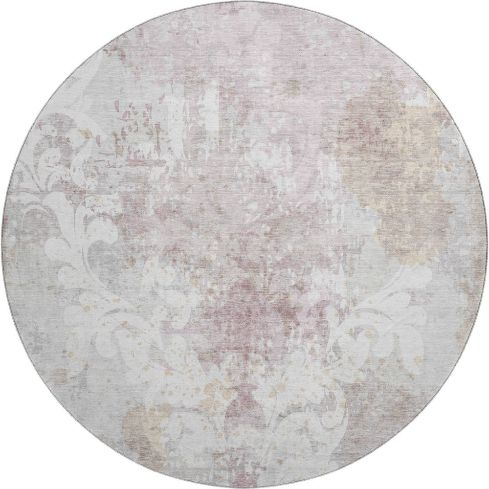 HomeRoots 8' Ivory Beige and Gray Damask Round Rug - Washable, Stain Resistant, UV Protected for Everyday Use 674368