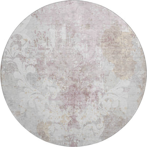 HomeRoots 8' Ivory Beige and Gray Damask Round Rug - Washable, Stain Resistant, UV Protected for Everyday Use 674368
