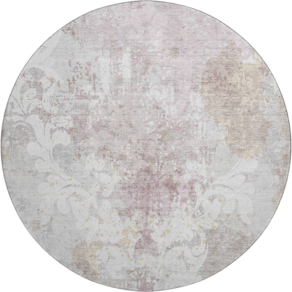HomeRoots 8' Ivory Beige and Gray Damask Round Rug - Washable, Stain Resistant, UV Protected for Everyday Use 674368