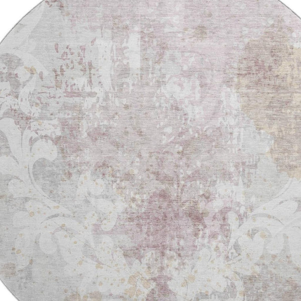HomeRoots 8' Ivory Beige and Gray Damask Round Rug - Washable, Stain Resistant, UV Protected for Everyday Use 674368