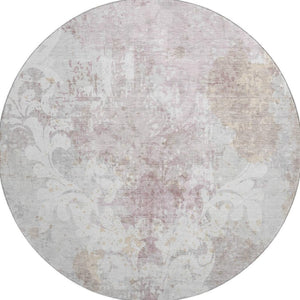 HomeRoots 8' Ivory Beige and Gray Damask Round Rug - Washable, Stain Resistant, UV Protected for Everyday Use 674368