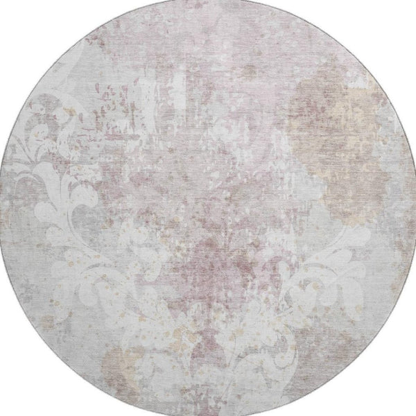 HomeRoots 8' Ivory Beige and Gray Damask Round Rug - Washable, Stain Resistant, UV Protected for Everyday Use 674368