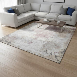 HomeRoots 8' X 10' Ivory Beige & Gray Damask Area Rug - Washable, Stain Resistant, UV Protected for Durability 674369