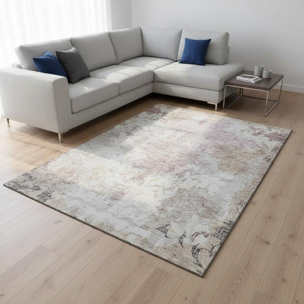 HomeRoots 10' Ivory Beige & Gray Damask Area Rug - Washable, UV-Protected, Durable Style for High-Traffic Spaces 674371