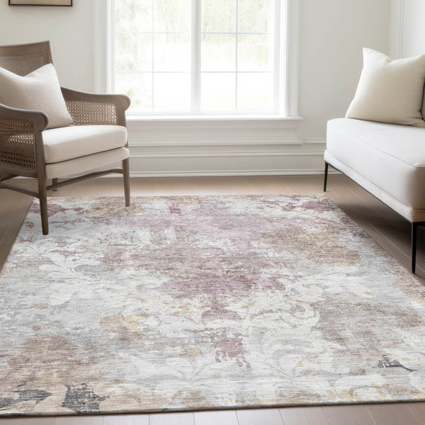 HomeRoots 10' Ivory Beige & Gray Damask Area Rug - Washable, UV-Protected, Durable Style for High-Traffic Spaces 674371