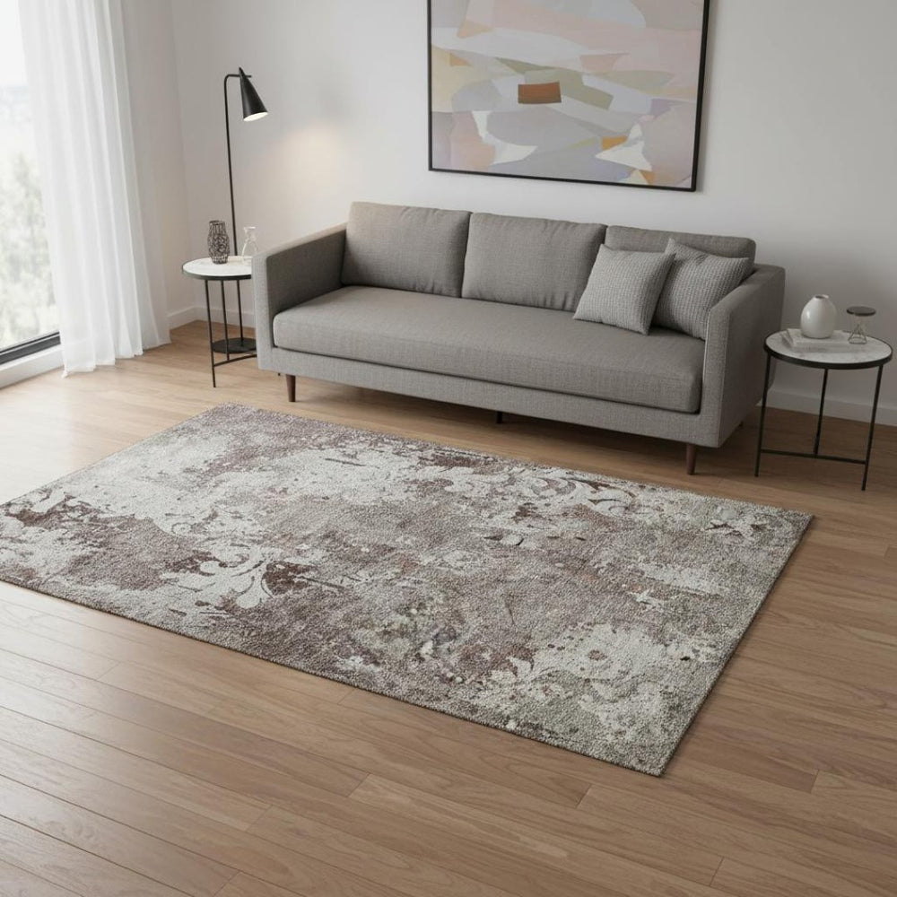 HomeRoots 5' X 8' Elegant Taupe Beige & Gray Damask Area Rug - Washable, UV-Protected, Pet-Friendly Design 674373