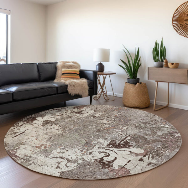 HomeRoots 8' Elegant Taupe Beige & Gray Damask Washable Rug - UV Protected, Stylish & Durable for Any Room 674374