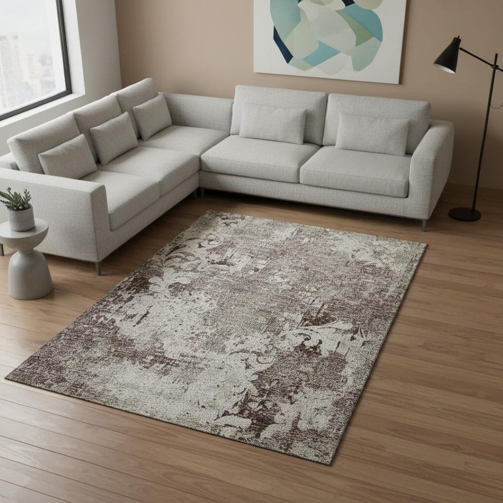 HomeRoots 8' X 10' Taupe Beige & Gray Damask Area Rug - Washable, UV Protected, Stain Resistant & Durable Design 674375
