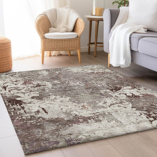 HomeRoots 8' X 10' Taupe Beige & Gray Damask Area Rug - Washable, UV Protected, Stain Resistant & Durable Design 674375