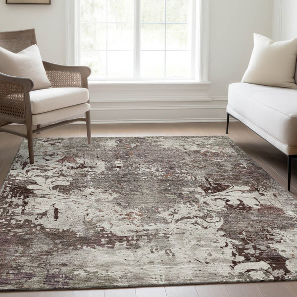 HomeRoots 8' X 10' Taupe Beige & Gray Damask Area Rug - Washable, UV Protected, Stain Resistant & Durable Design 674375