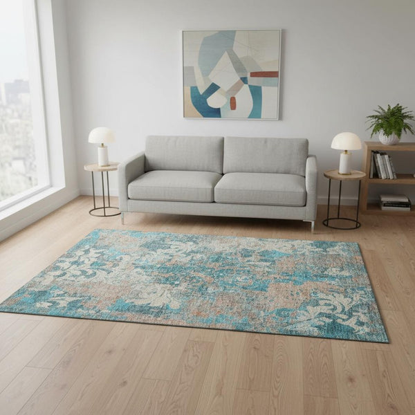 HomeRoots 5' Teal, Beige & Taupe Damask Washable Area Rug - Durable, UV-Protected for High-Traffic Spaces! 674379