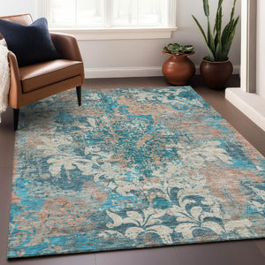 HomeRoots 5' Teal, Beige & Taupe Damask Washable Area Rug - Durable, UV-Protected for High-Traffic Spaces! 674379