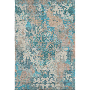 HomeRoots 5' Teal, Beige & Taupe Damask Washable Area Rug - Durable, UV-Protected for High-Traffic Spaces! 674379