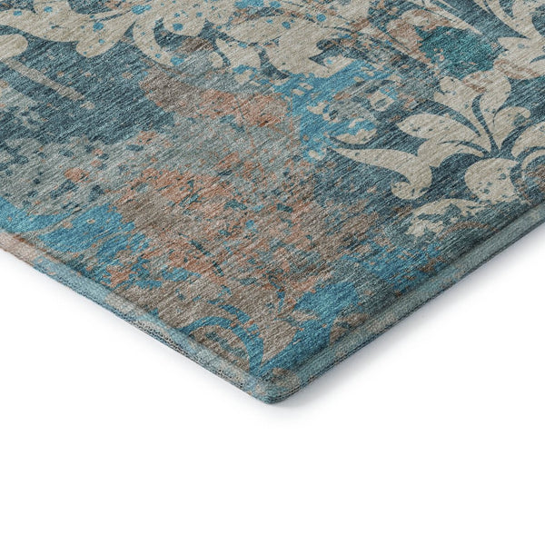 HomeRoots 5' Teal, Beige & Taupe Damask Washable Area Rug - Durable, UV-Protected for High-Traffic Spaces! 674379