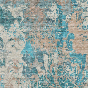 HomeRoots 5' Teal, Beige & Taupe Damask Washable Area Rug - Durable, UV-Protected for High-Traffic Spaces! 674379