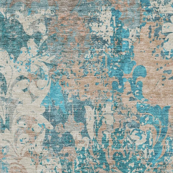 HomeRoots 5' Teal, Beige & Taupe Damask Washable Area Rug - Durable, UV-Protected for High-Traffic Spaces! 674379